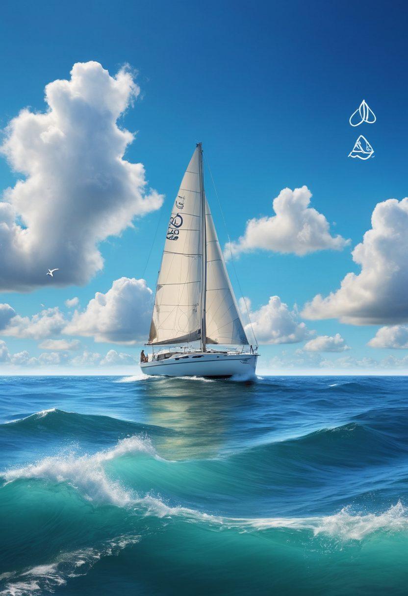A serene seascape featuring a sailboat navigating through gentle waves, with various insurance symbol icons floating in the air like clouds. Include a bright blue sky with soft, fluffy clouds and hints of distant islands. Ensure the title 'Navigating Risks' is artistically integrated into the scene, evoking a sense of adventure and safety. vibrant colors. super-realistic.