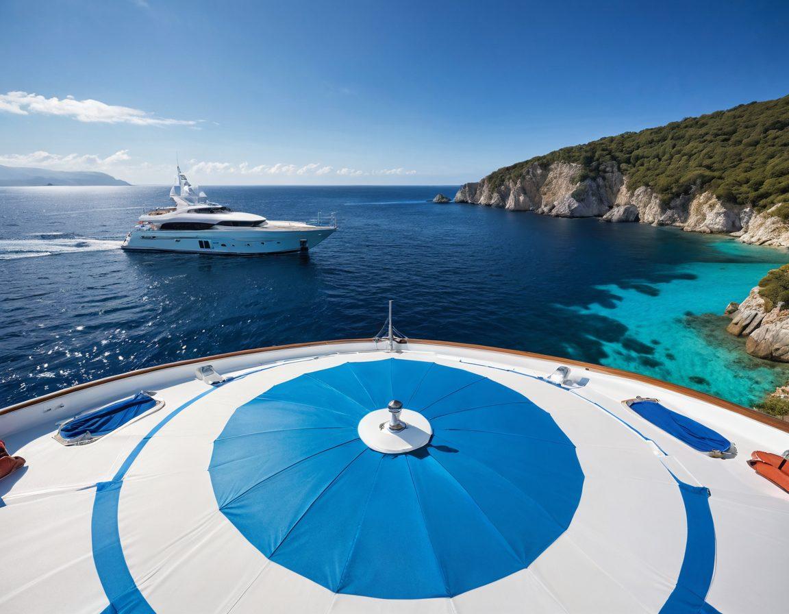 A luxurious yacht anchored in crystal-clear blue water, surrounded by a serene coastline. The image highlights various types of coverage symbols like an umbrella, life preserver, and a shield, creatively incorporated into the scenery. The sky is bright and sunny, conveying a sense of security and relaxation. Rich, vibrant colors should evoke luxury and tranquility, with a slight nautical theme. super-realistic. vibrant colors. 3D.