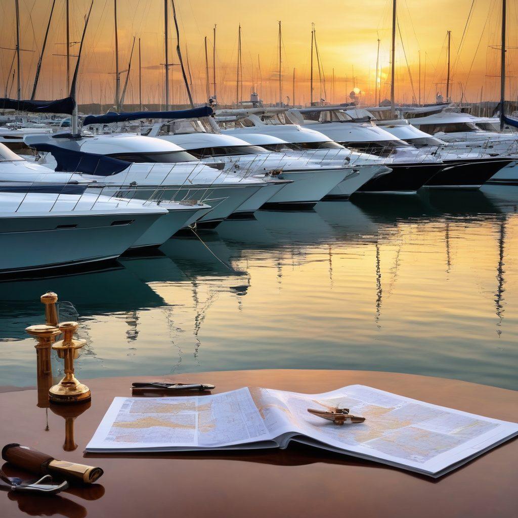 A serene marina scene at sunset, with a variety of luxurious yachts docked peacefully, each reflecting the warm golden light. In the foreground, a confident sailor studies a detailed yachting insurance brochure, surrounded by nautical tools and maps. The water is calm, with gentle ripples, and seagulls flying in the distance highlight a sense of adventure. Emphasize a feeling of security and exploration. vibrant colors. super-realistic.